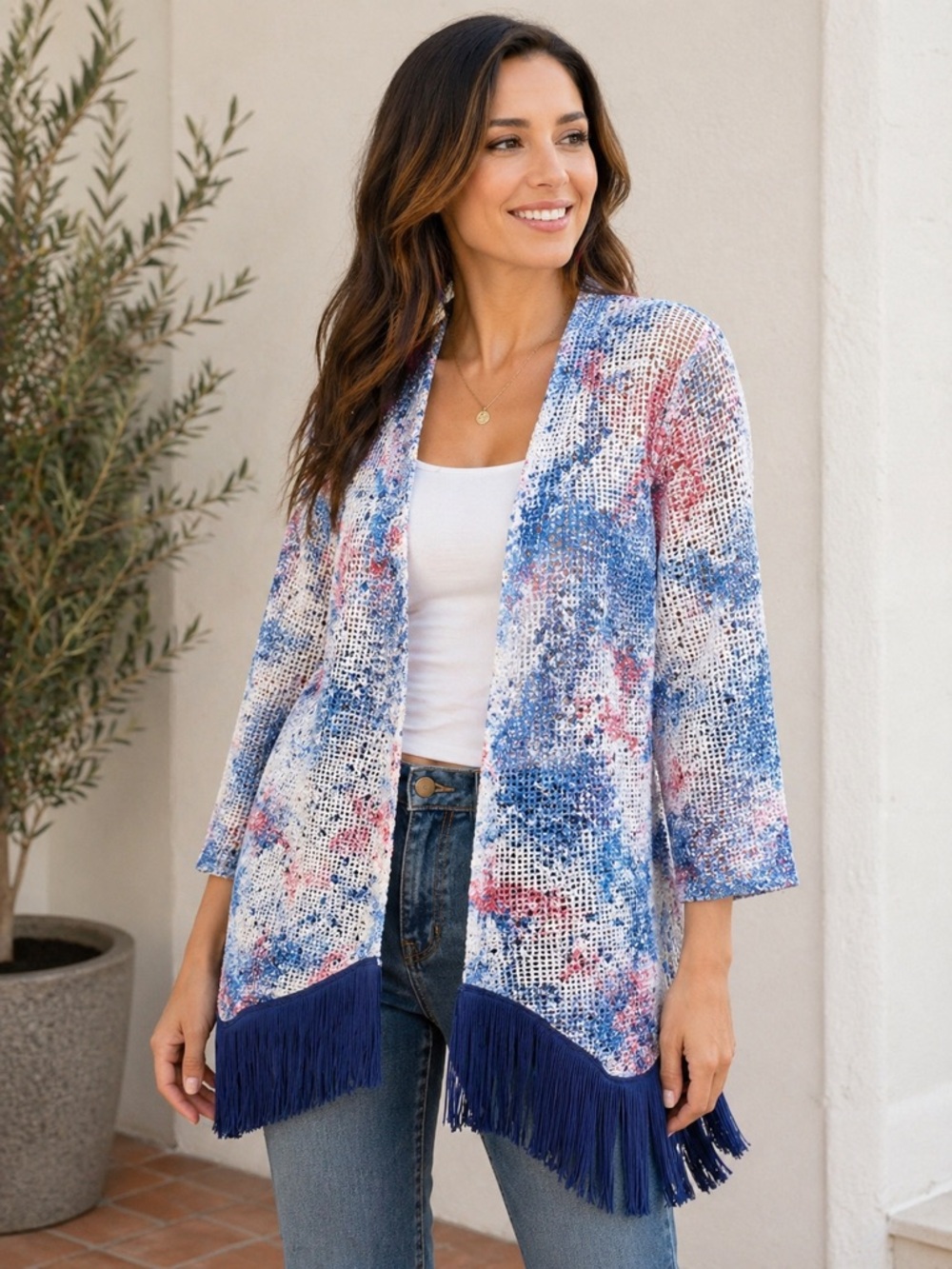 Reba Women's Open Front Fringe Kimono Cardigan Jacket M Blue Red White